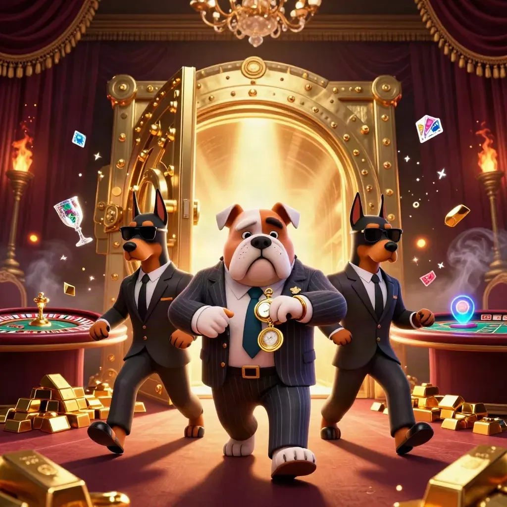 Bulldog boss and Doberman guards in a glowing casino vault with gold, gems, and chandelier light