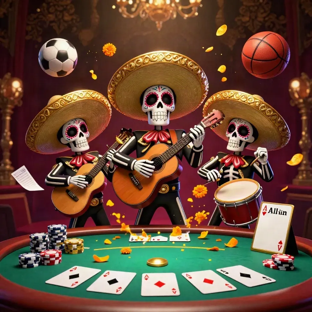 Skeleton mariachi trio amid casino cards, chips, soccer ball and basketball in moody gold light