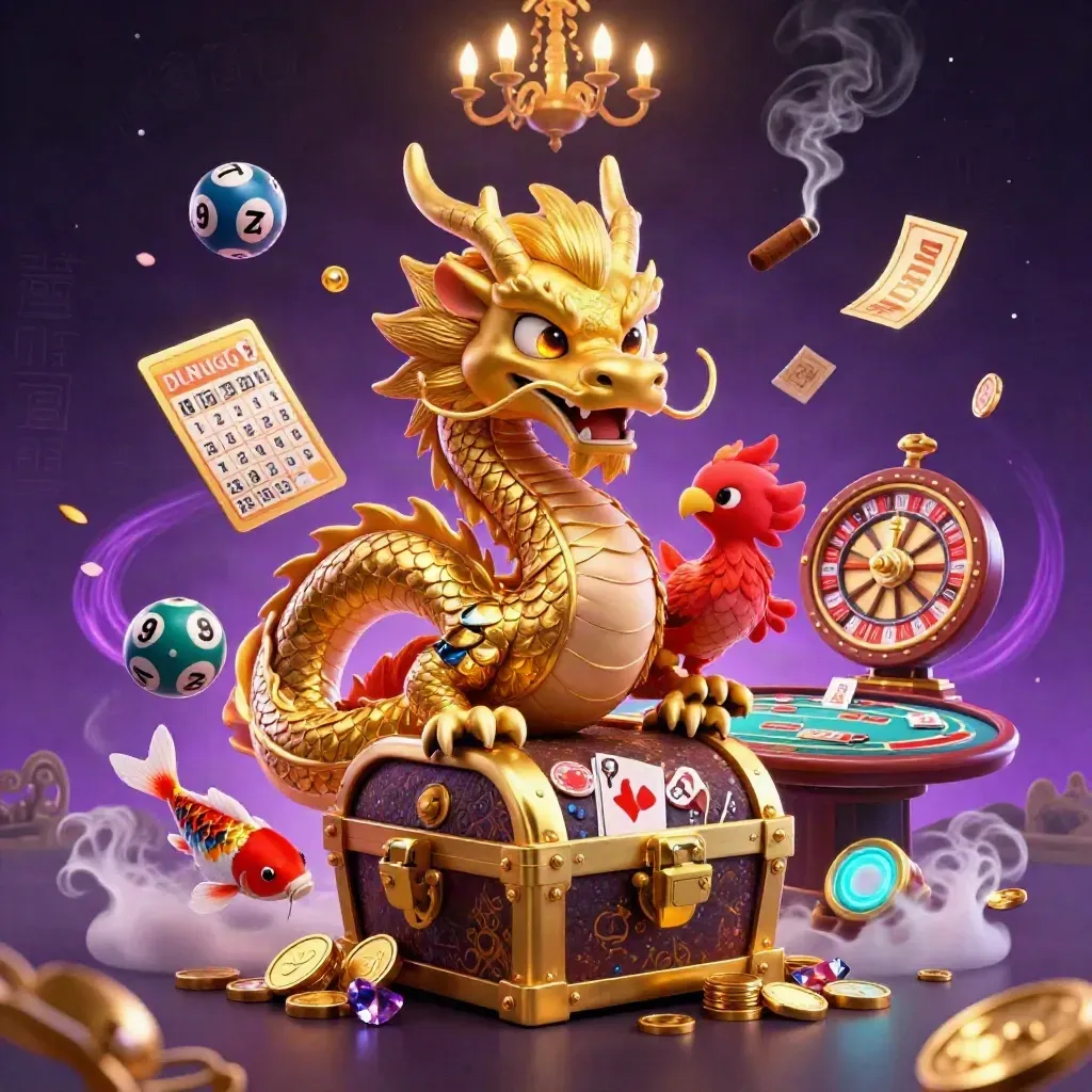 Golden dragon and phoenix amid casino props, coins, and runes in a purple-black glow.