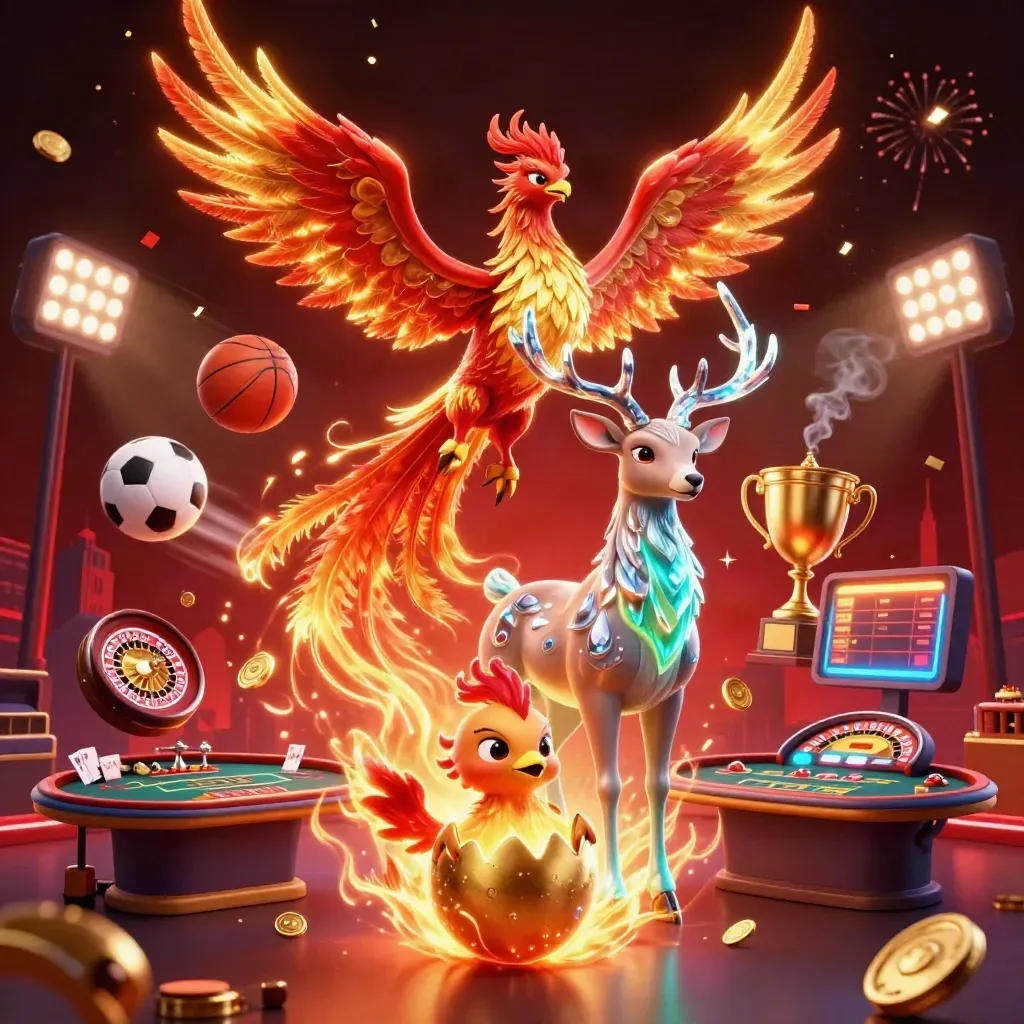 Phoenix, stag and casino props in a neon-lit luxury room with gold sparks.