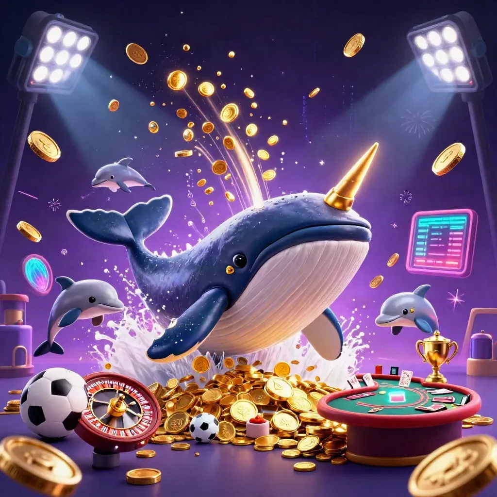 Whale captain, narwhal, dolphins, coins, roulette and neon casino energy exploding in a dark purple sky.