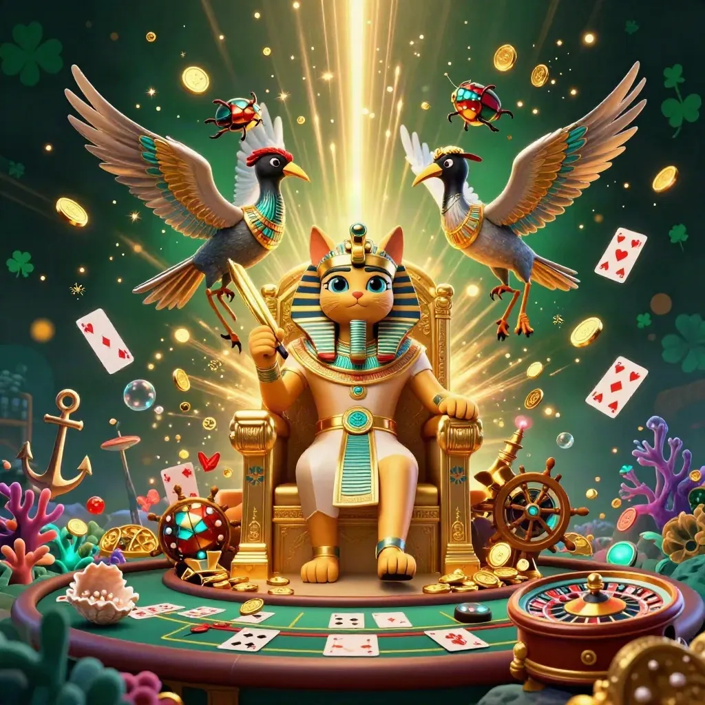 Pharaoh cat and scribe amid coin storms, coral, cards, roulette and casino glow