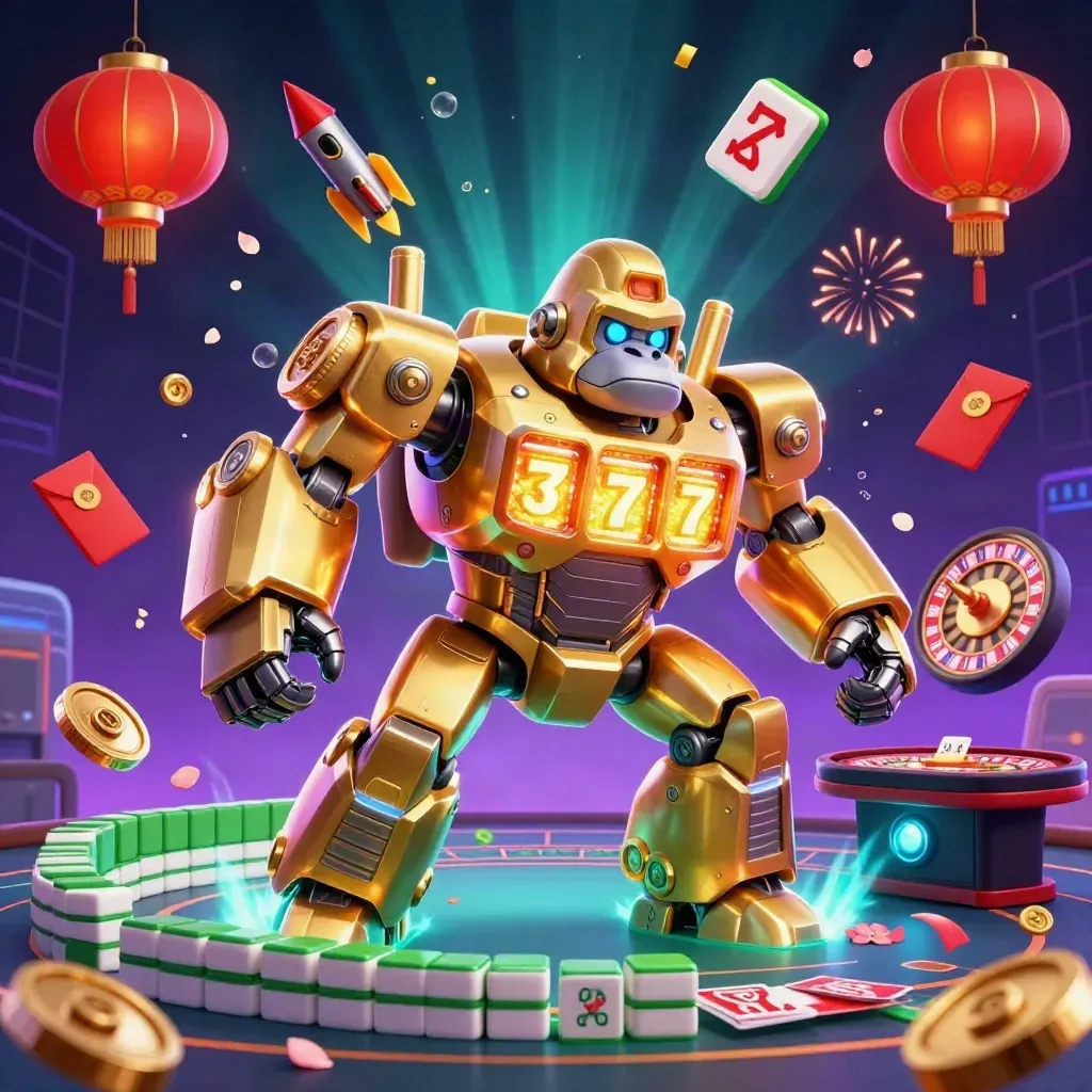 Golden gorilla mech with tiny monkey pilot amid coins, lanterns, fireworks, and casino glow