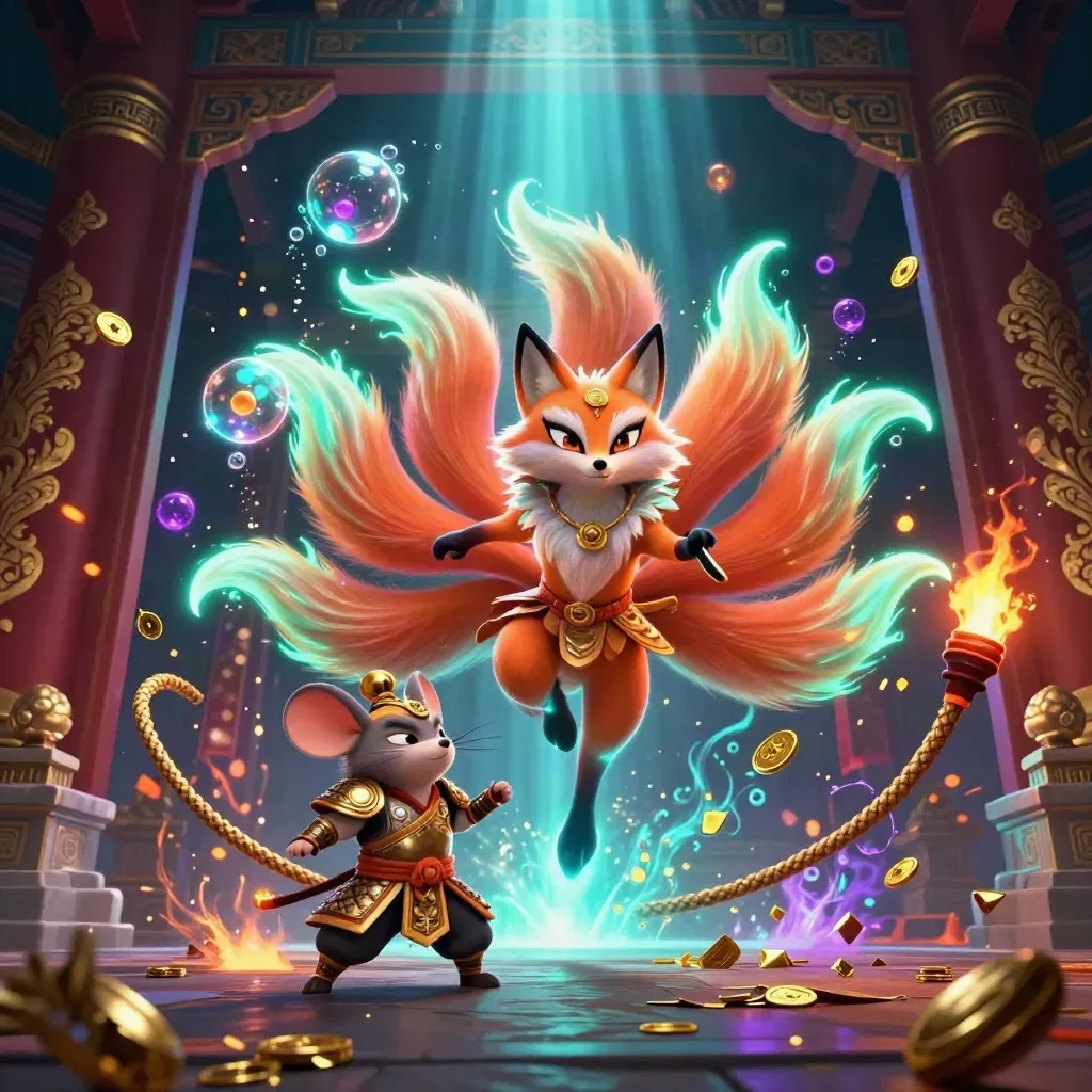 Nine-tailed fox spirit and armored mouse amid temple gate, coins, feathers, and teal glow.