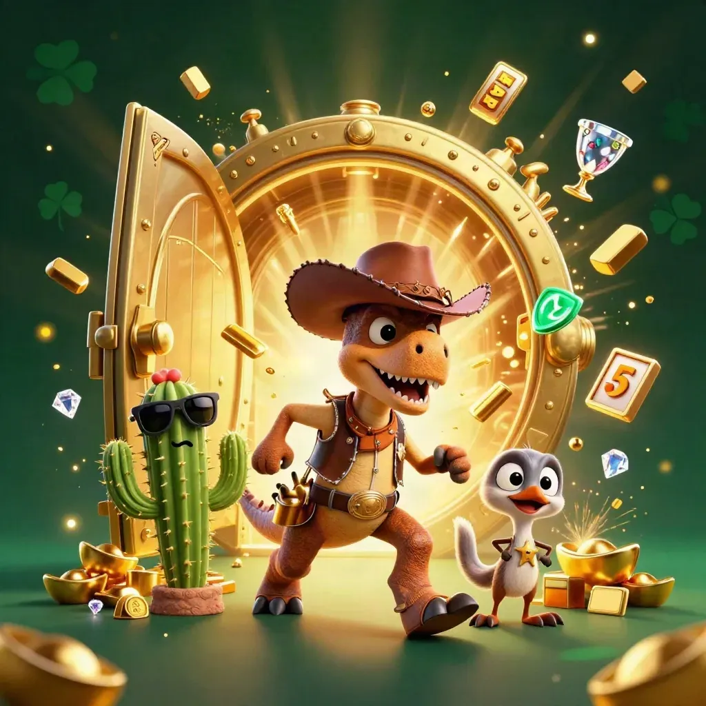 Cowboy T-Rex, cactus sidekick, and roadrunner burst from a glowing vault in a neon casino scene.