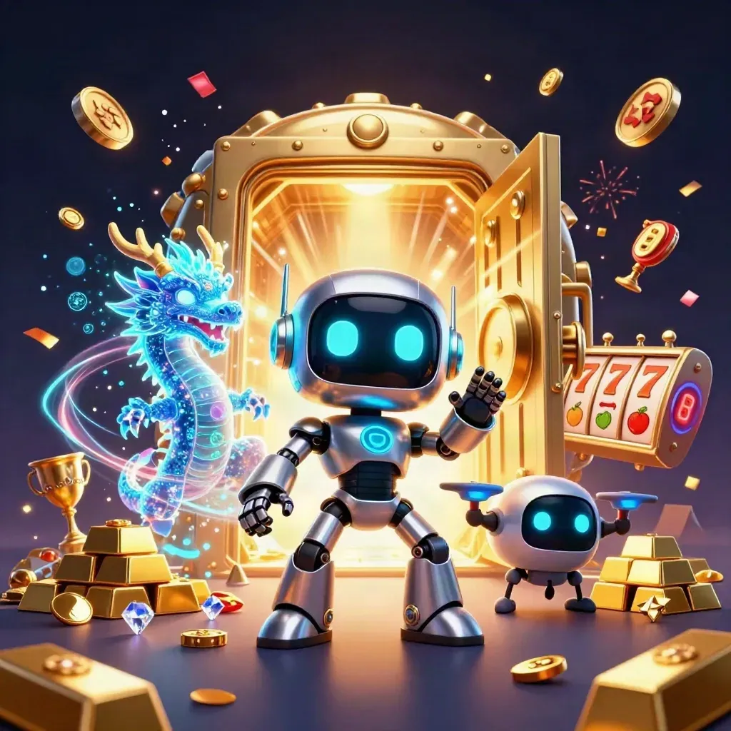 Robot mascot, holographic dragon and coin drone amid vault gold, gems and casino sparks.
