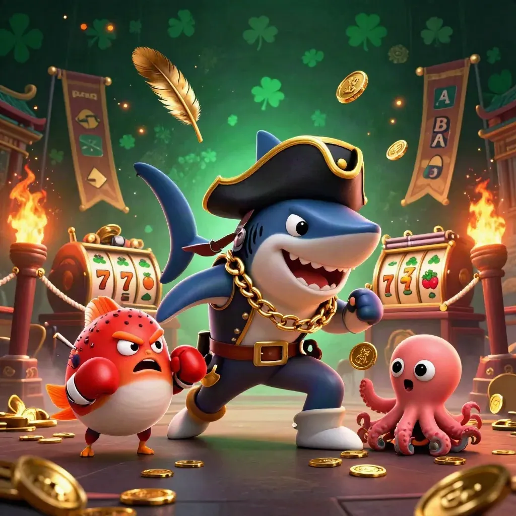 Pirate shark, boxing pufferfish, and juggling octopus in a casino battle scene