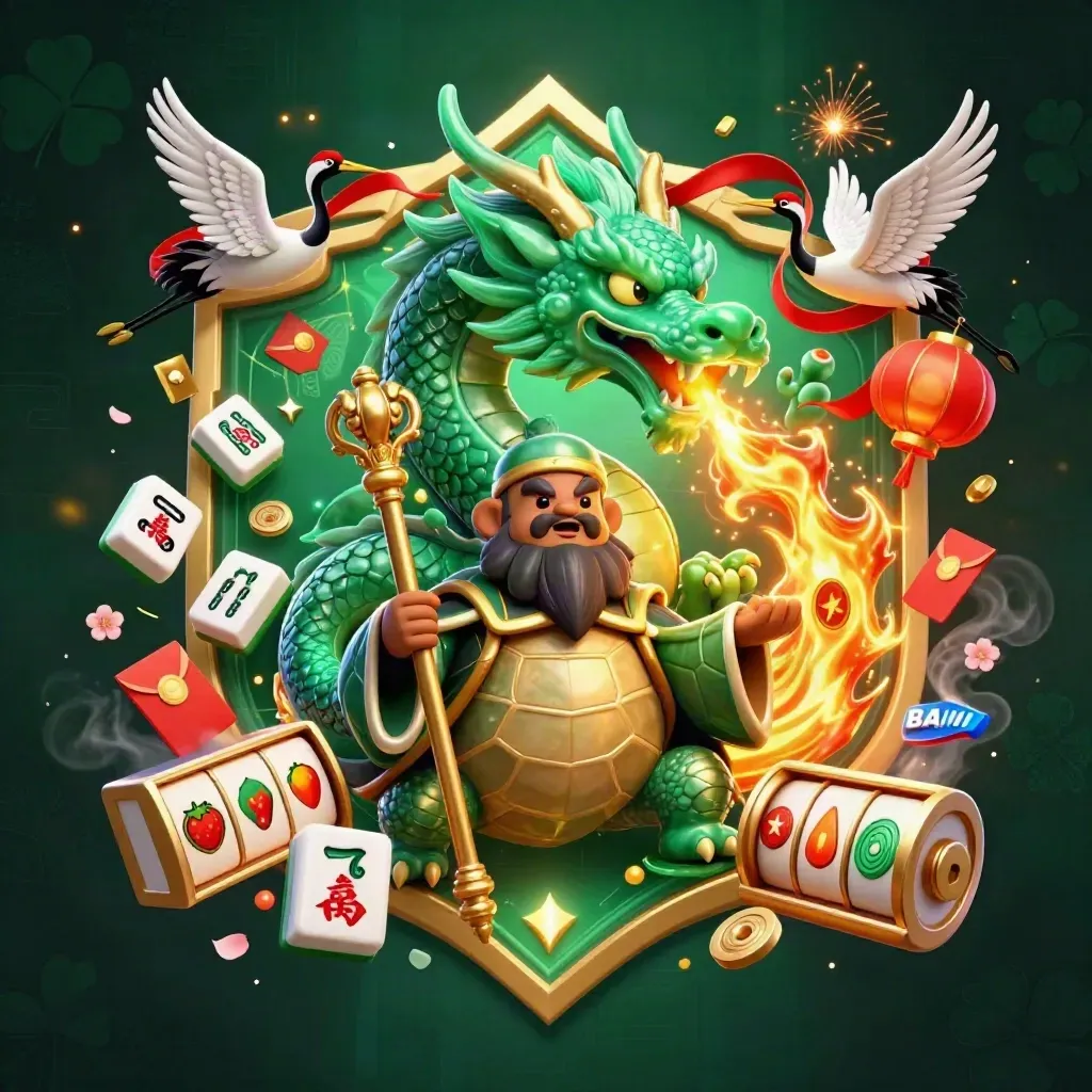Emerald dragon, sage turtle, and cranes amid casino symbols on a dark green glowing background.