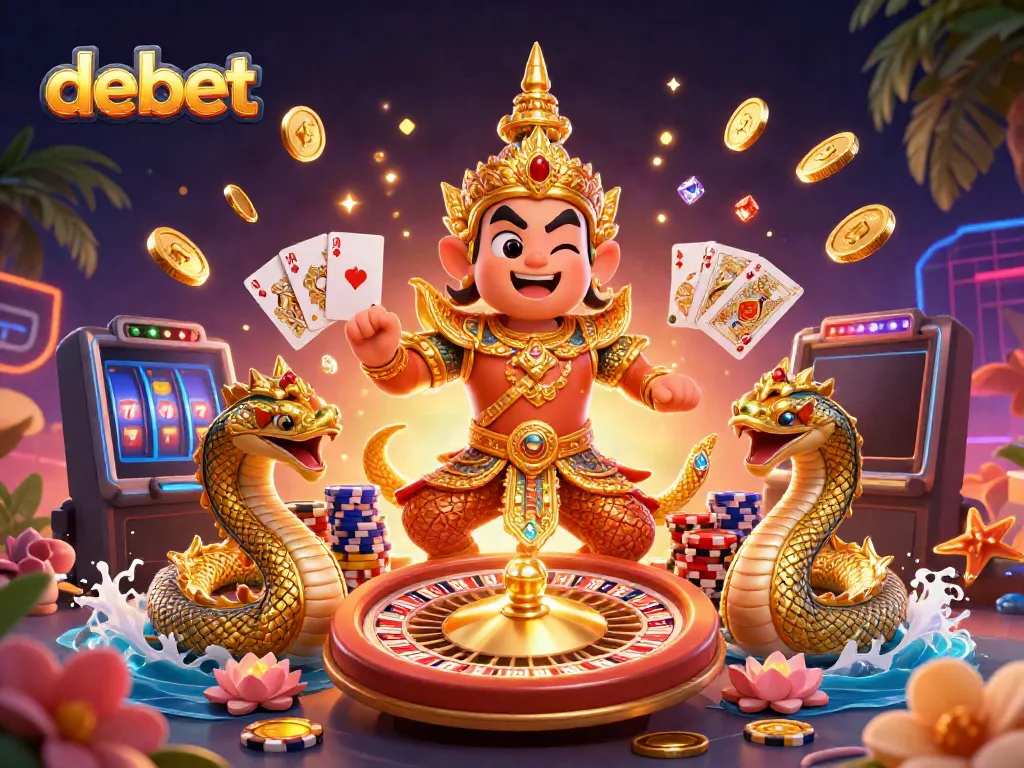 Play 3D casino games with debet, featuring a vibrant yaksha guardian amidst dazzling gambling elements.