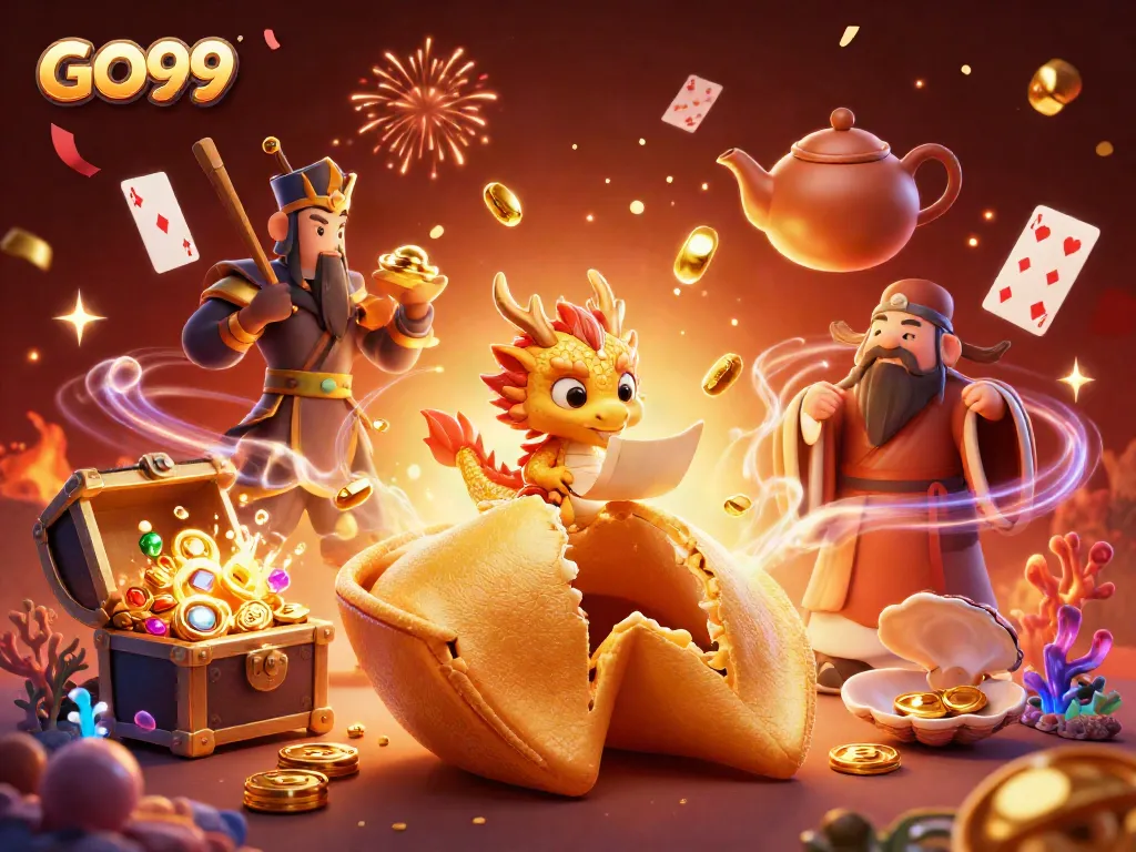 Engage in winning strategies with GO99, showcasing a vibrant casino scene with a golden fortune cookie.