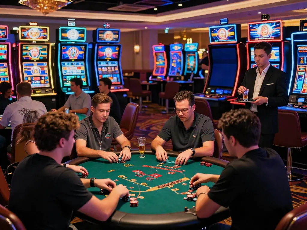 Players enjoying games at the best non gamstop casinos UK, lively atmosphere with neon lights and friendly host.