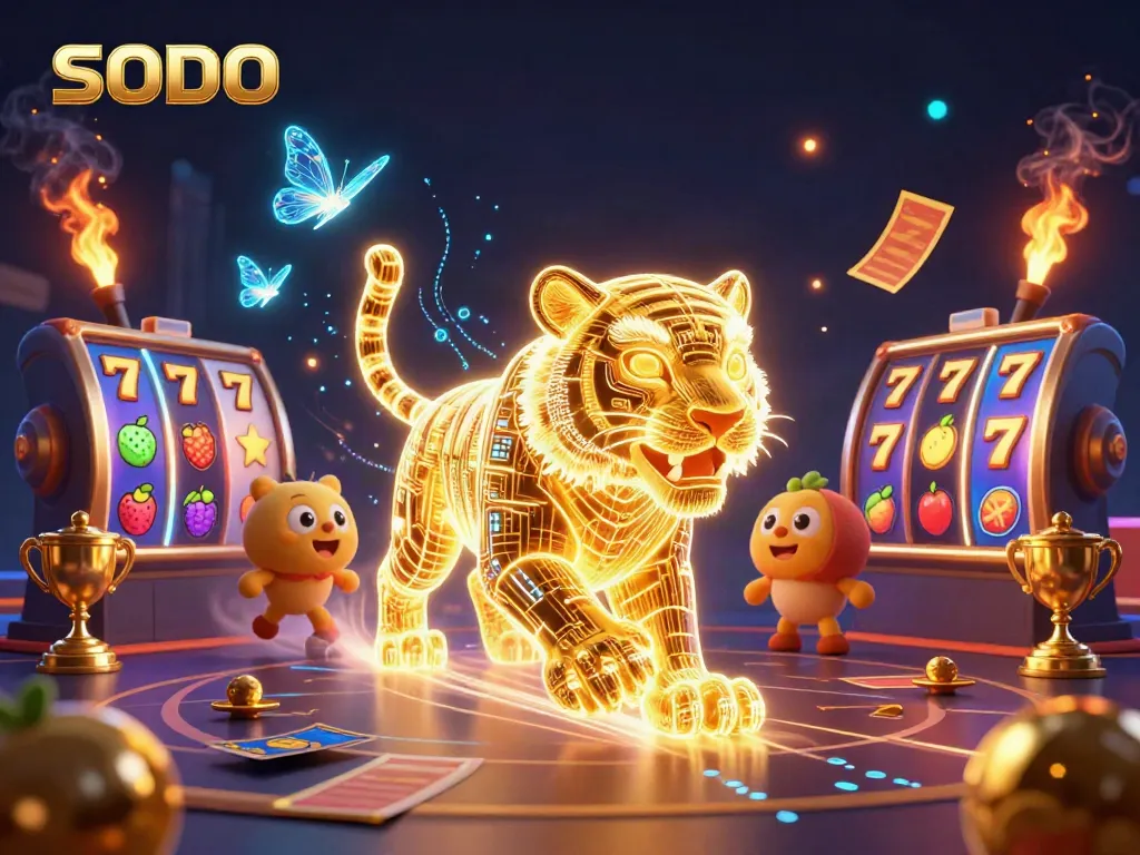 SODO casino scene featuring a golden tiger amidst slot reels, lucky 7s, and vibrant fruit symbols.