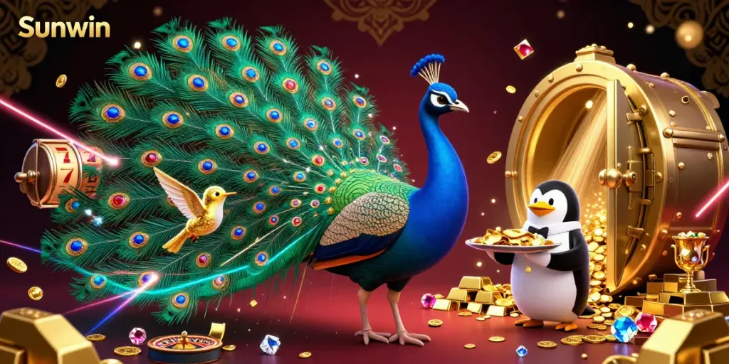 Experience the vibrant world of Sunwin with a dazzling peacock and gaming elements in a colorful casino illustration.