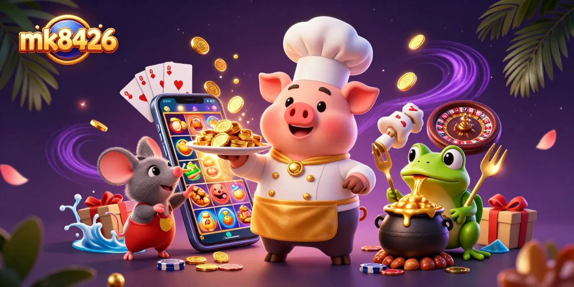 Join the excitement at mk8426, where a chef pig, mouse, and frog serve up gold coins amidst vibrant gambling scenes.
