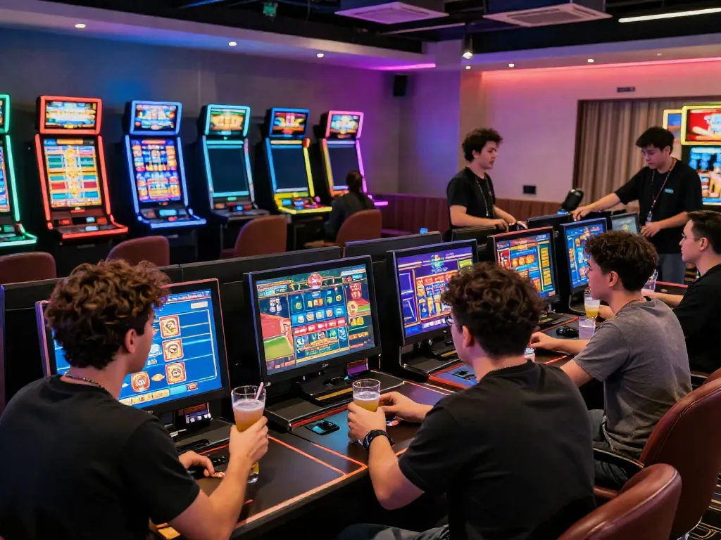 Exciting gaming lounge showcasing the best non GamStop casinos UK experience with players at vibrant digital casino tables.