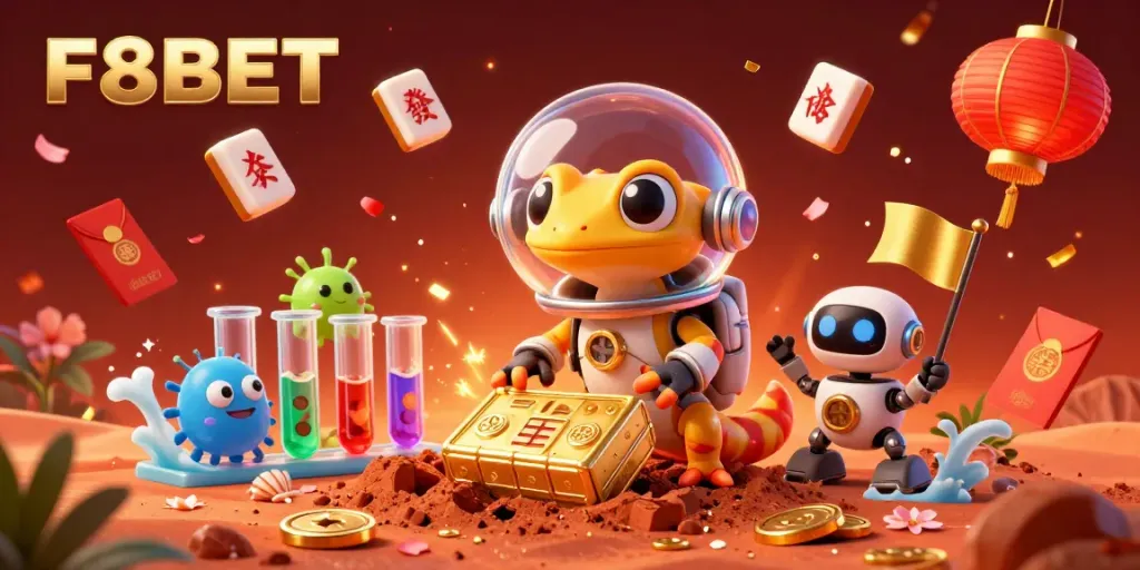 F8BET Martian gecko uncovers a hidden golden casino in an exciting 3D illustration, bursting with vibrant gaming visuals.