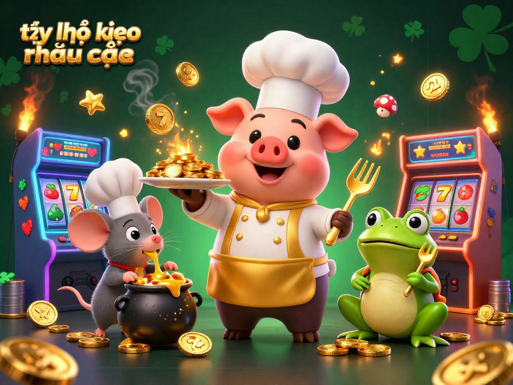 Win big with tỷ lệ kèo nhà cái in an immersive casino scene featuring a chef pig and vibrant game elements.