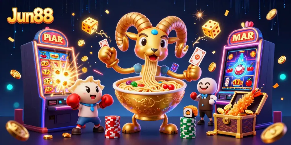 Experience Jun88's thrilling gaming world with a vibrant, detailed casino scene.