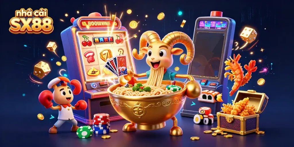 Experience the excitement of nhà cái SX88 with a vibrant 3D casino scene bursting with action.