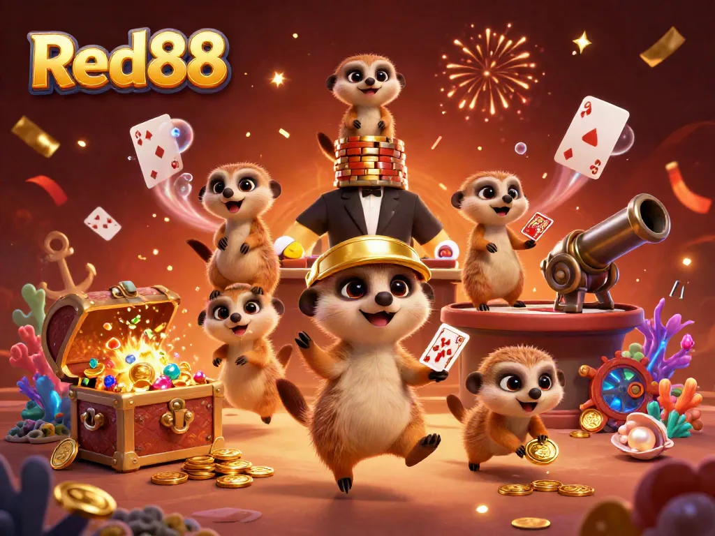 Experience the excitement of Red88 with meerkats in a vibrant casino scene, capturing the thrill of gaming.
