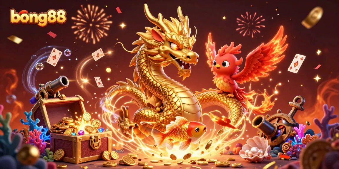 Engage in bong88 casino thrills with a mystical dragon, phoenix, and koi fish amidst treasure.