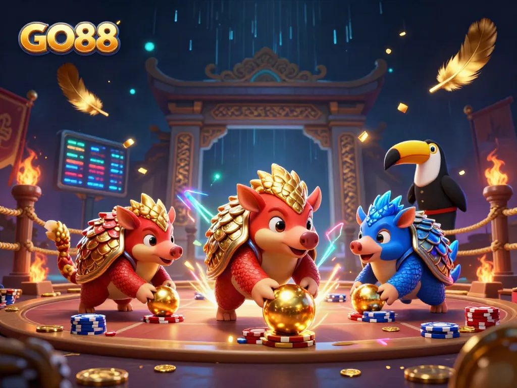 Engage with GO88's thrilling casino games featuring dynamic pangolin rivals and vibrant poker action.