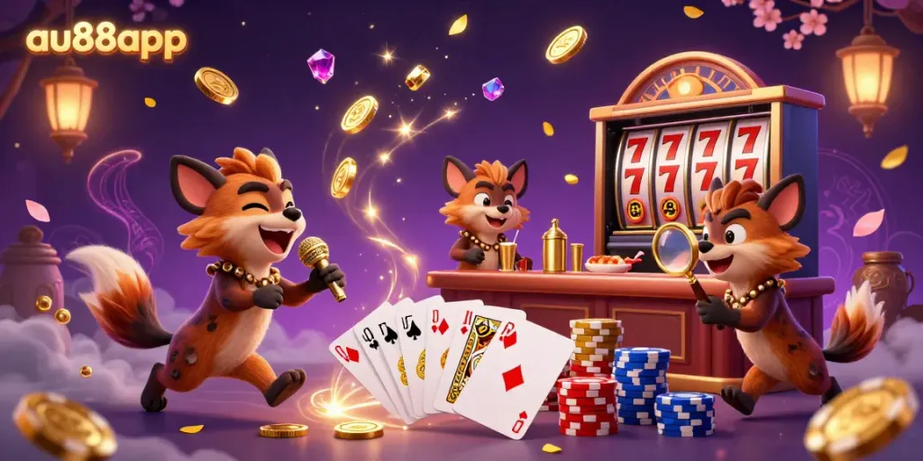 Experience exciting comedy performances at au88app's casino featuring lively hyenas amidst dazzling casino elements.