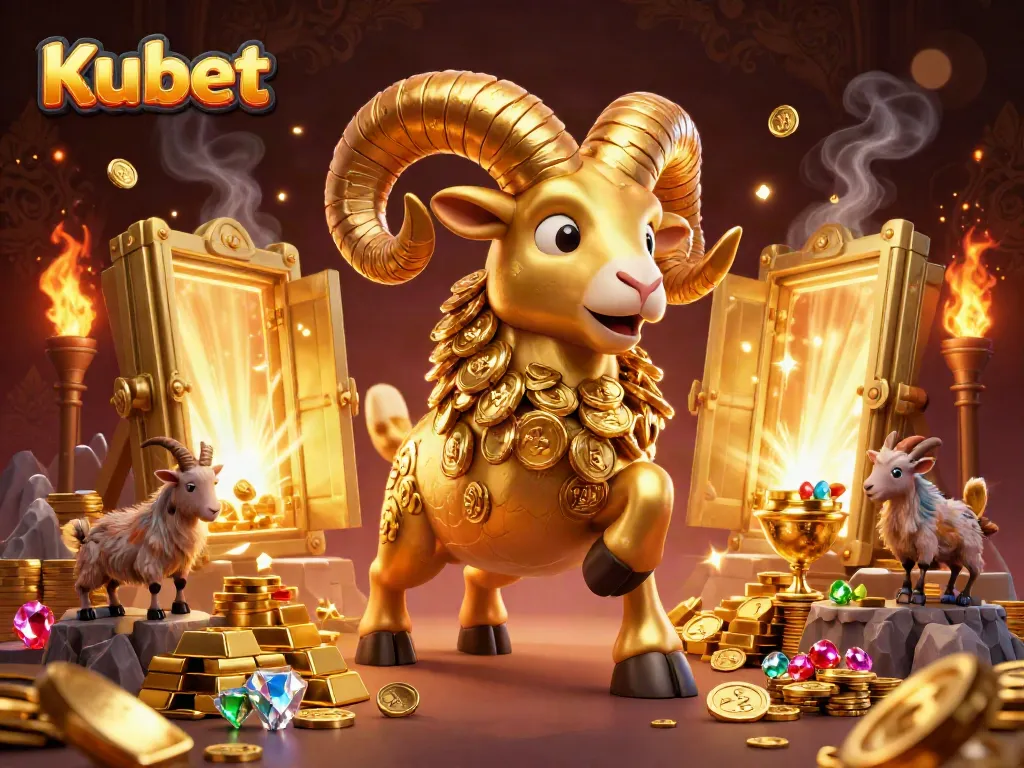 Kubet's thrilling online casino scene featuring a golden ram charging through a treasure vault with gems and gold.