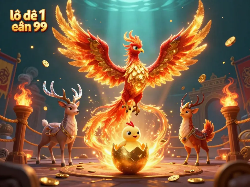 Engaging illustration for lô đề 1 ăn 99 showcasing vibrant phoenix, baby chick, and mystical stag in colorful casino backdrop