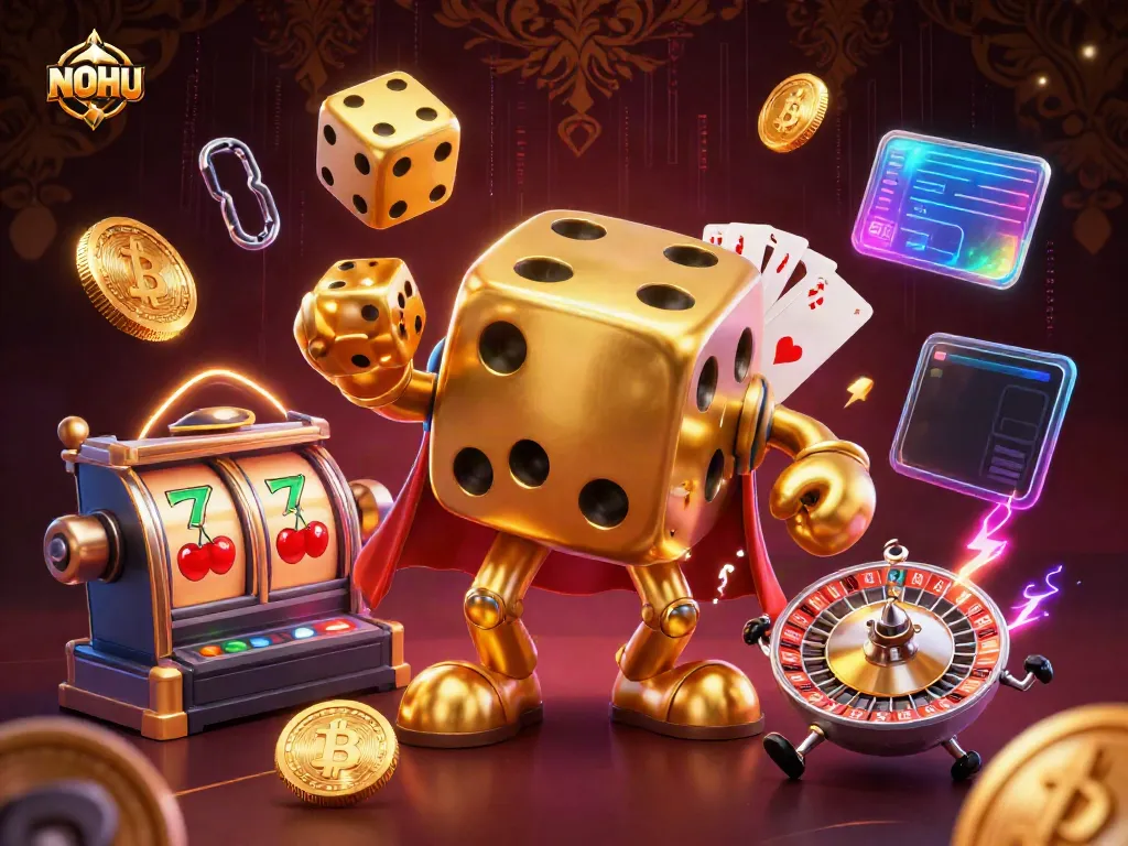 Experience the vibrant dynamics of NOHU gaming with golden dice and cryptocurrency coins illuminating a virtual casino.