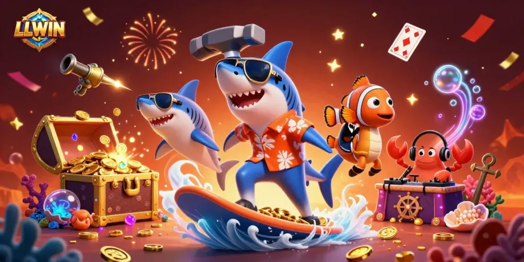 LLWIN showcases a vibrant 3D casino scene with characters and exciting gambling elements amidst gold coins.