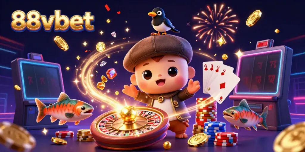 Join the fun at 88vbet with a vibrant illustration of baby Nessie and friends celebrating with casino elements.