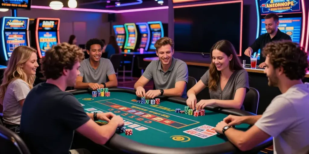 Exciting gaming atmosphere at the best non GamStop casinos UK featuring players engaged at vibrant tables and screens promoting bonuses.