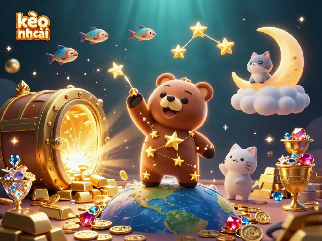 Experience the excitement of kèo nhà cái with a captivating 3D illustration of a constellation bear surrounded by treasures.