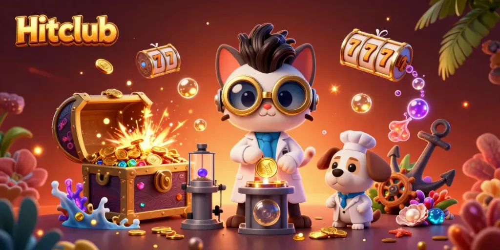 Hitclub's playful 3D casino scene showcasing vibrant game elements with a mad scientist cat.
