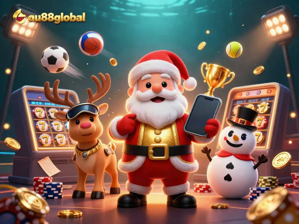 Join the excitement of au88global with a jackpot-themed illustration featuring festive characters in a bustling casino scene.