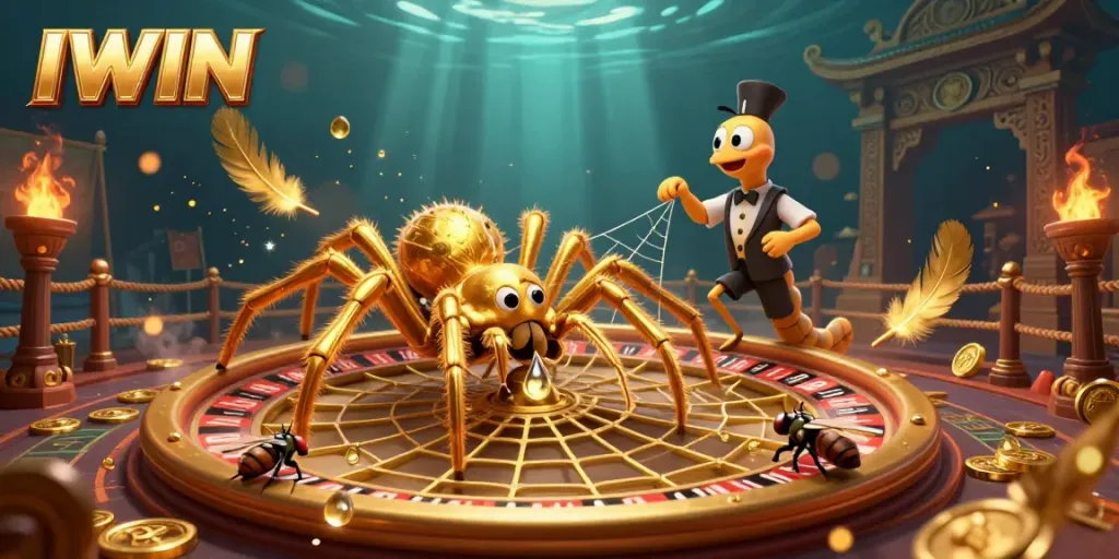 IWIN casino scene with a 3D spider spinning a roulette wheel web as a fly bets, immersed in rich casino imagery.