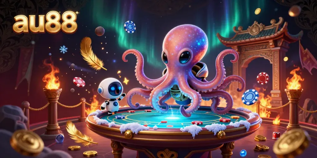 Engaging "au88" alien octopus operating a poker table, surrounded by vibrant casino elements.