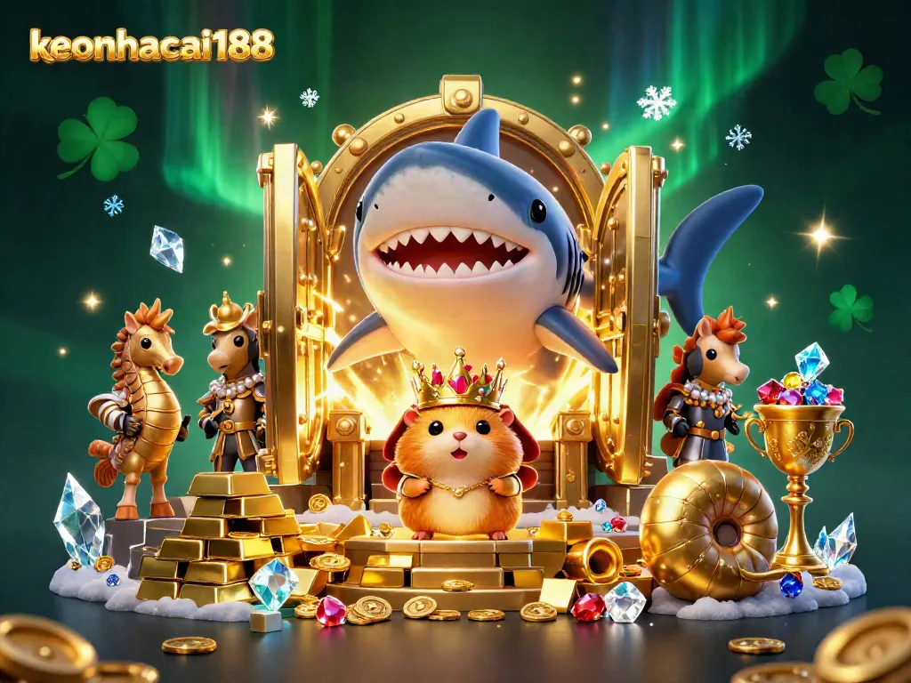 Engage in thrilling bets with keonhacai188, featuring a golden hamster king and treasure-filled scene.