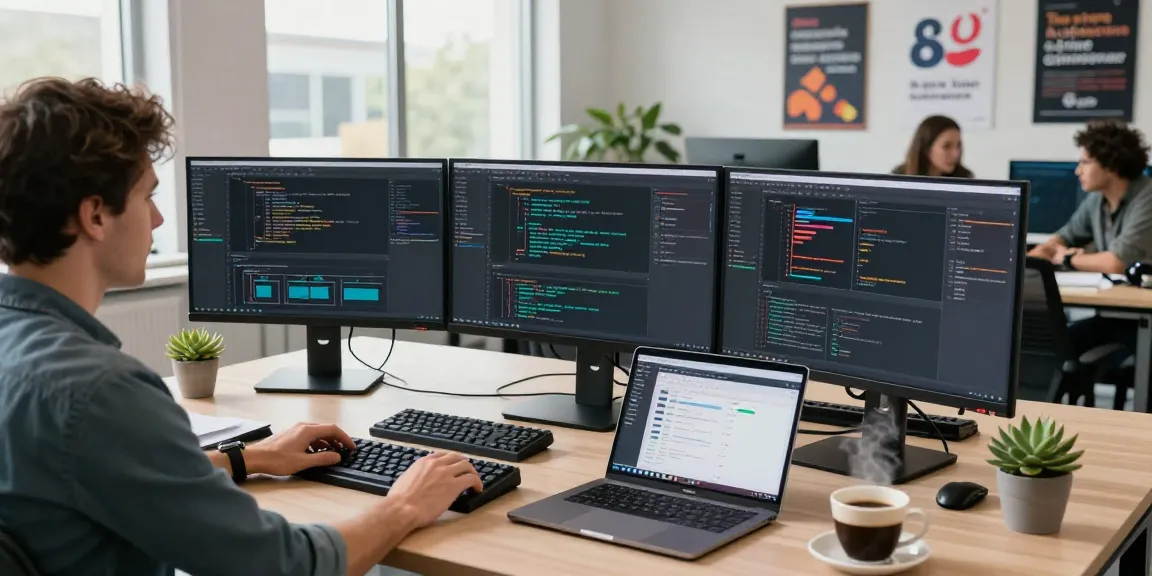 Software engineer at https://ieee.org.uk coding in a modern office with multiple monitors and plants.