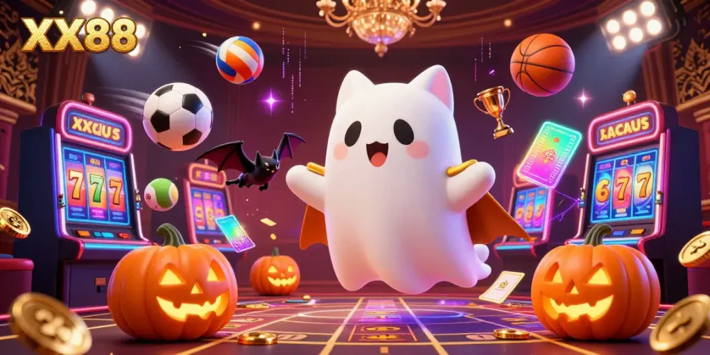 Engage with the thrilling world of XX88 in this dynamic casino scene featuring a ghost cat and vampire bat.