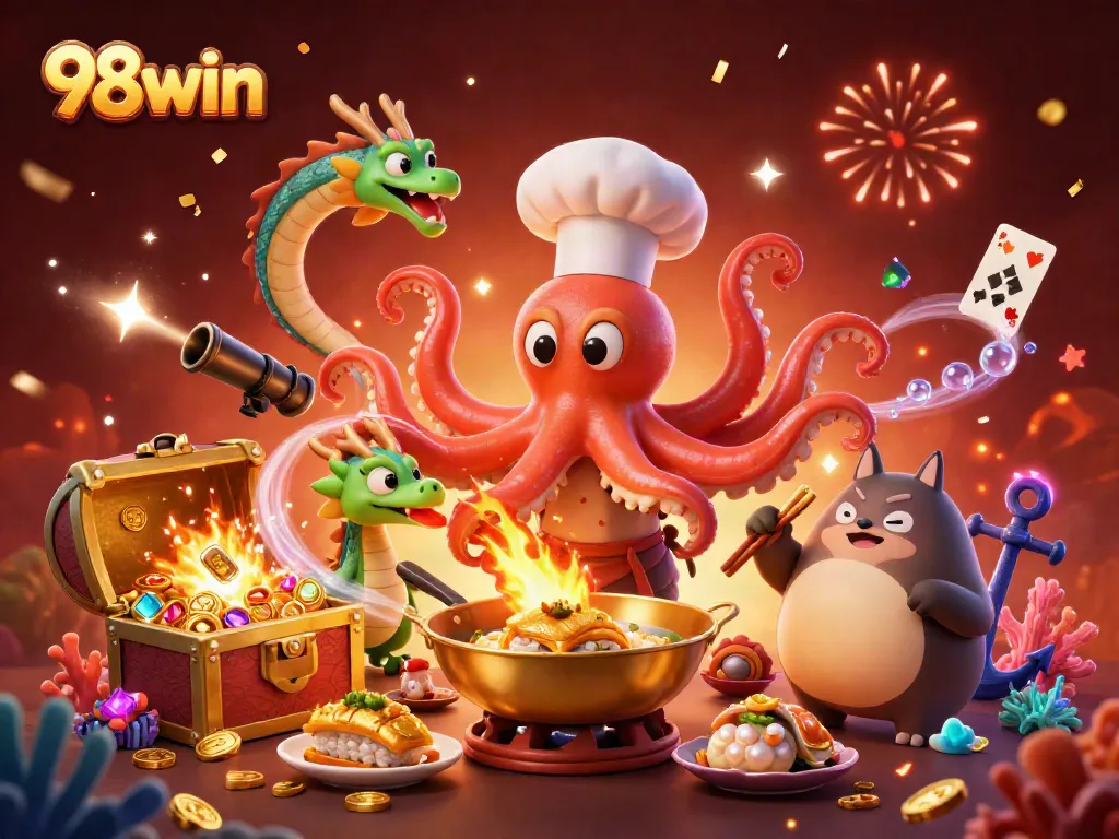 Experience the thrill of 98win with a vibrant 3D casino illustration featuring an octopus chef and dragon!