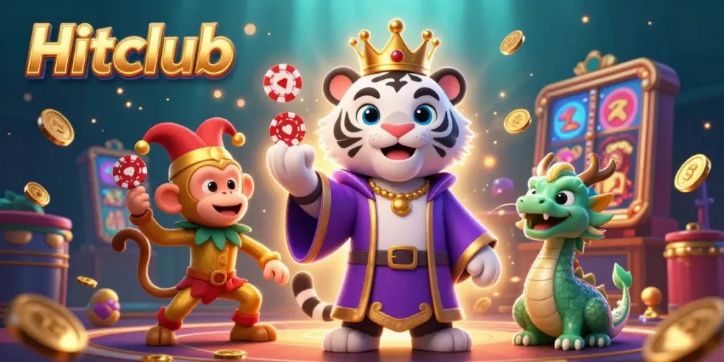 Hitclub's vibrant gaming scene with a majestic white tiger, golden monkey juggling chips, and jade dragon among colorful casino elements.