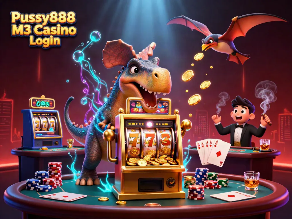 Pussy888 M3 Casino Login scene featuring a dinosaur at a slot machine with golden coins and poker chip stacks.