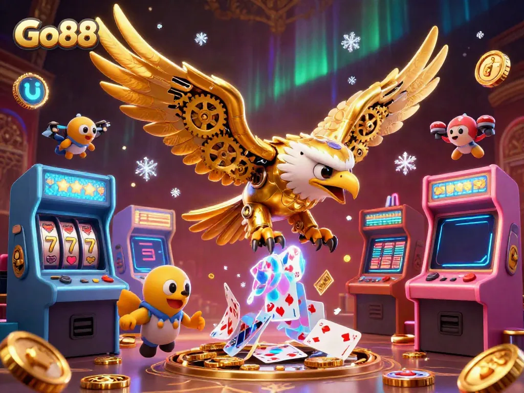 Engage in thrilling games at Go88 with a dynamic scene featuring a golden eagle and colorful game elements.