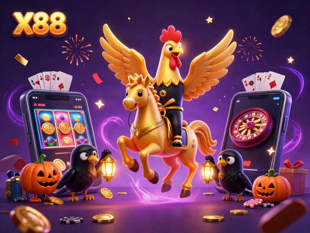 Experience the thrilling world of X88 with a vibrant casino scene featuring golden rooster characters.