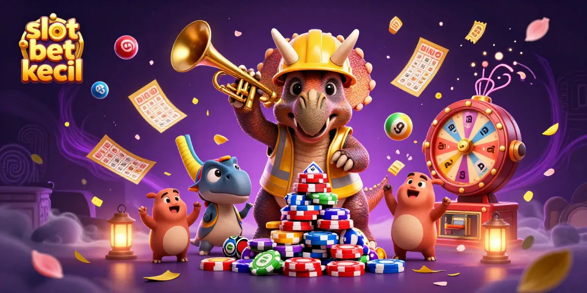 Slot taruhan kecil menunjukkan triceratops merakit chip poker di kasino dengan keceriaan.