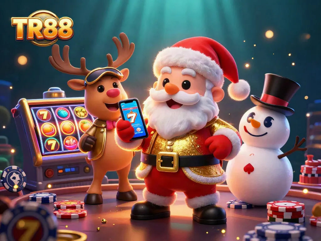 Experience the TR88 jackpot excitement with Santa and friends spinning vibrant slot reels.