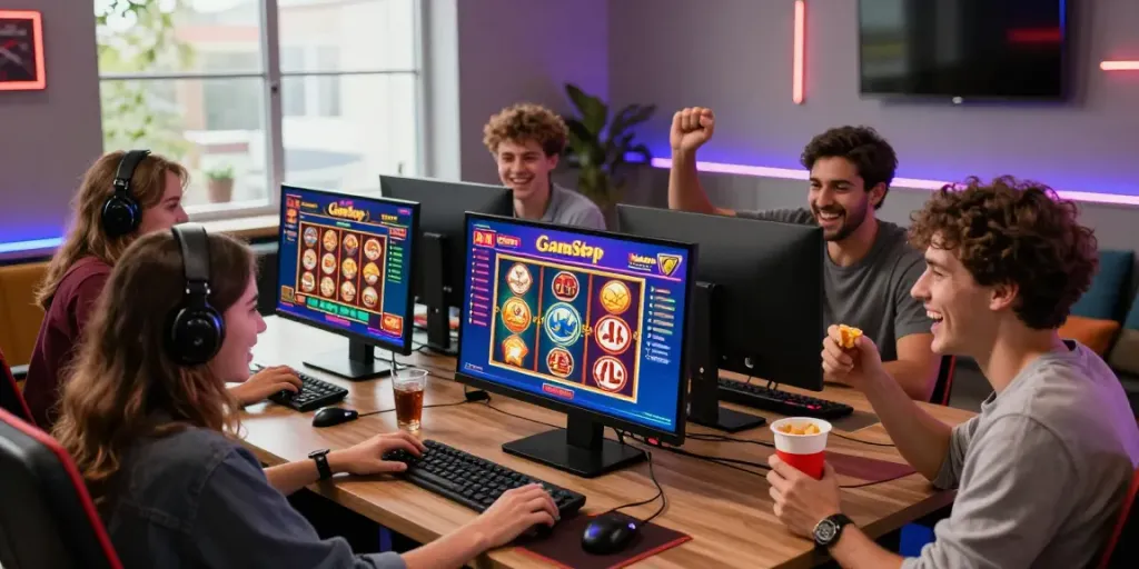 Friends enjoying the best non GamStop casinos UK playing games on a desktop during a lively gaming session.