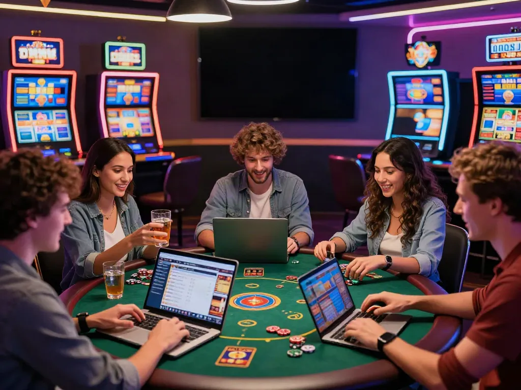 Exciting online gaming experience at the best non gamstop casinos UK with friends enjoying vibrant atmosphere.
